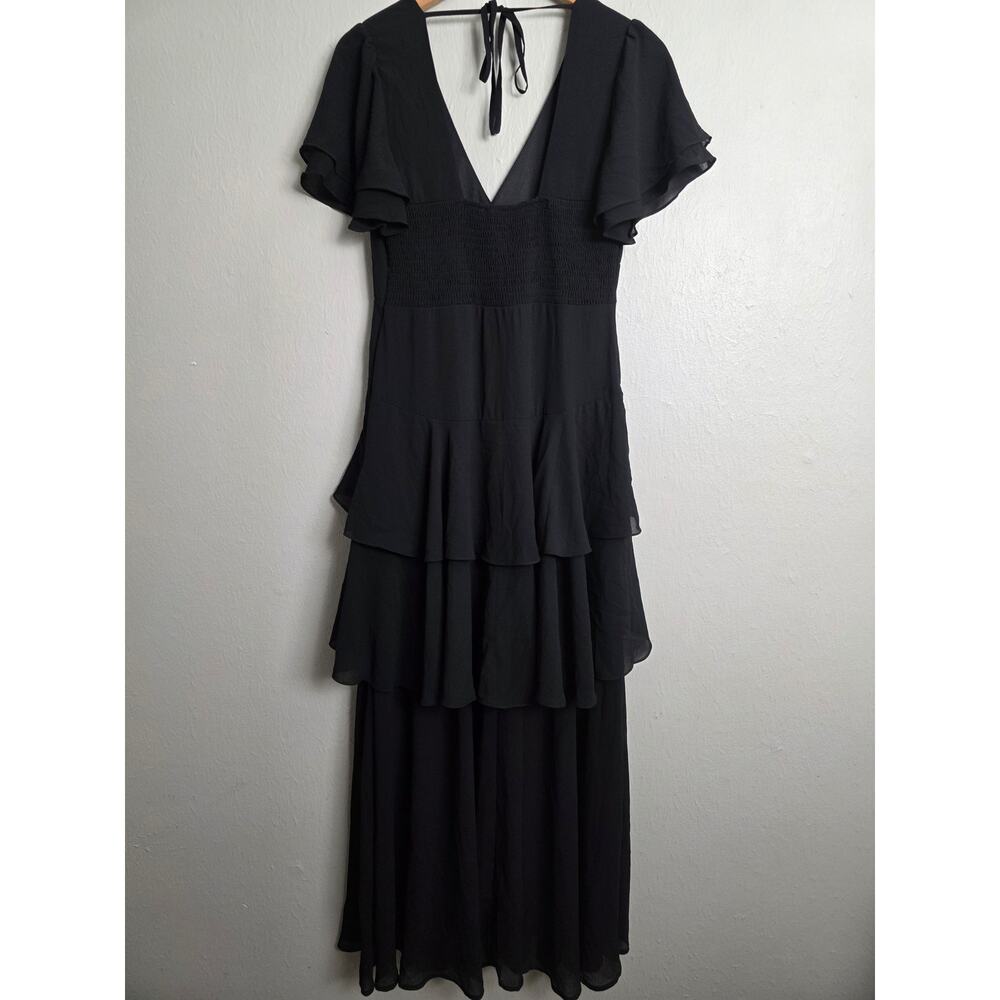 Lulus Midnight Mood Black Tiered Open Back Slit Chiffon A Line Maxi Dress Medium - Picture 10 of 12